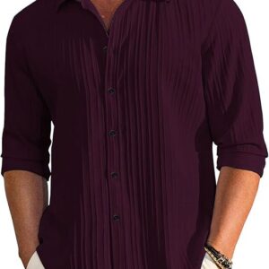 DEELMO Men's Casual Button Down Shirts Long Sleeve Linen Shirt Fashion Textured Beach Summer Shirt